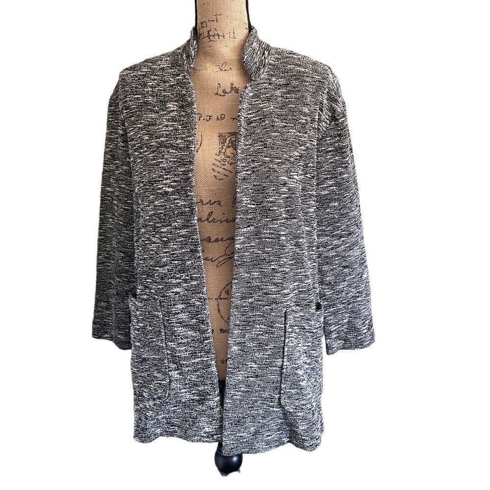 MANGO Basics Black and White Long Open Cardigan with Side Pockets Size Small-Med